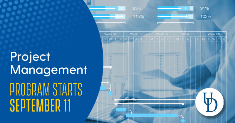 A promotional graphic for a Project Management program starting September 11, featuring the University of Delaware logo. The image includes a background with an overlay of transparent bar graphs showing percentages, a timeline with weeks labeled, and a person in business attire working on a laptop. The color scheme is blue and white, reflecting the university’s branding.