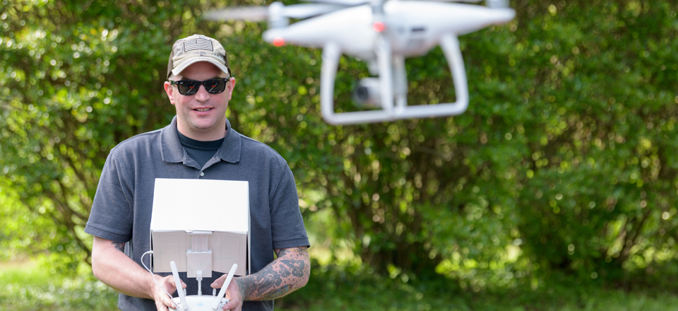 Tavis Miller is a graduate of the Professional and Continuing Studies “Professional Drone Pilot Training Academy” which teaches students about operating Unmanned Aerial Systems (UAS) commercially. Miller uses his drones as part of his job with the State of Delaware.